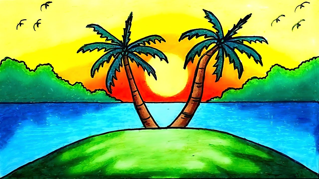 Gambar Pemandangan | Cara Menggambar Pemandangan Matahari Terbenam di Pantai Dengan Oil Pastel