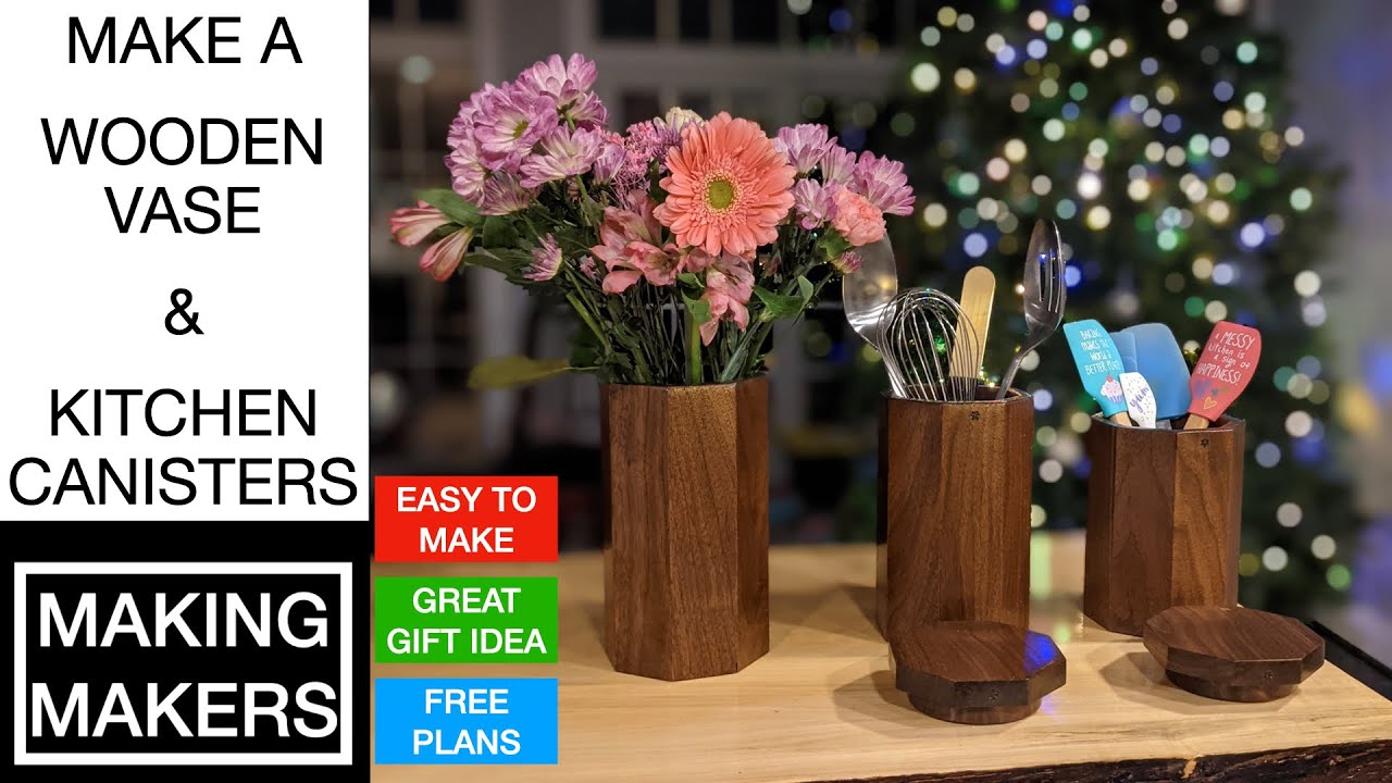 WOODEN VASE + KITCHEN CANISTERS