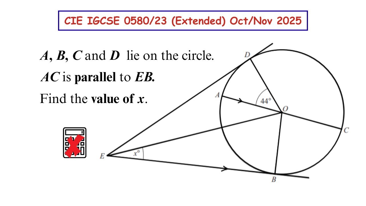 A, B, C & D are points on the circumference of a circle with centre O. AC is parallel to EB. Find x.