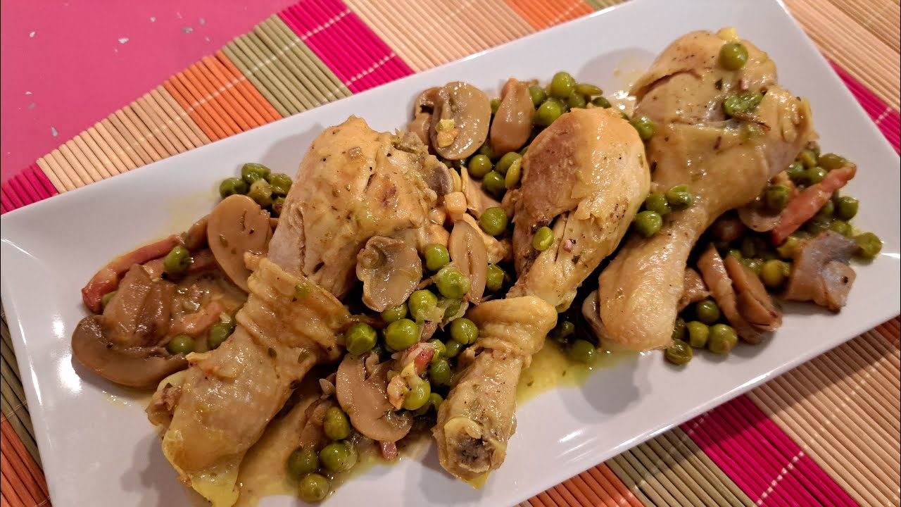 RIQUISIMOS JAMONCITOS DE POLLO CON CHAMPIÑONES. Delicious chicken drumsticks with mushrooms