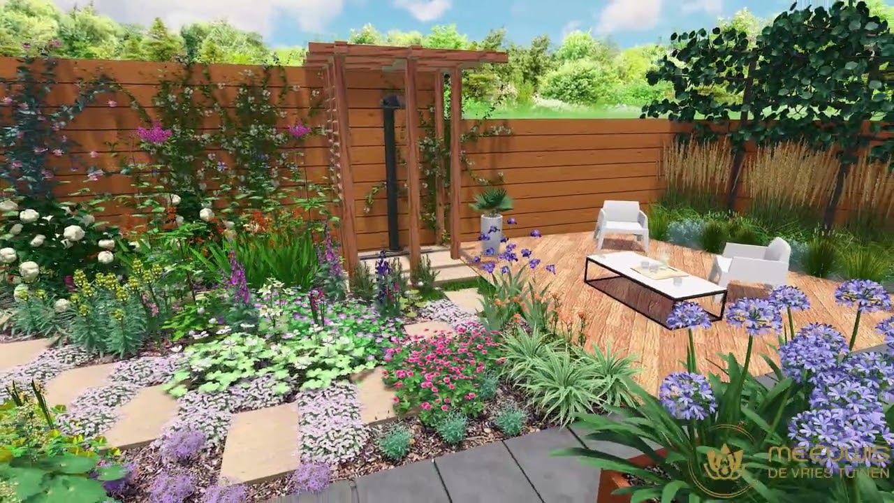3D Tuinontwerp: Stijlvolle Stadstuin met Vlonder, Buitendouche en Natuurlijke Beplanting
