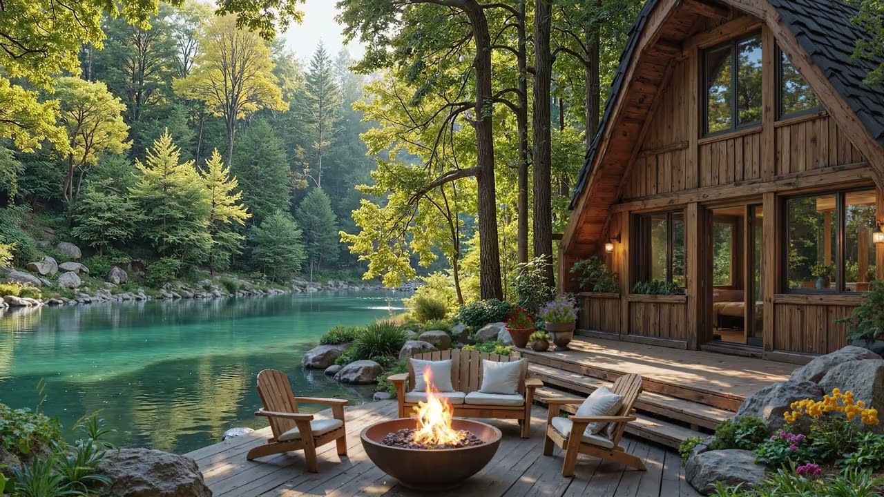 Relaxing Riverside Cabin with Spring Piano Music 🧘‍♀️🌿 Flowing River, Campfire and Birdsong
