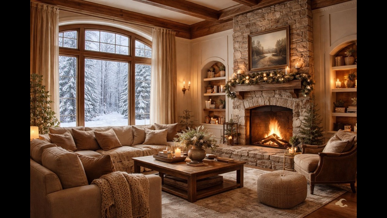 Cozy Winter Fireplace Ambience ❄️ Snowy Window, Crackling Fire & Candlelight for Sleep & Relaxation