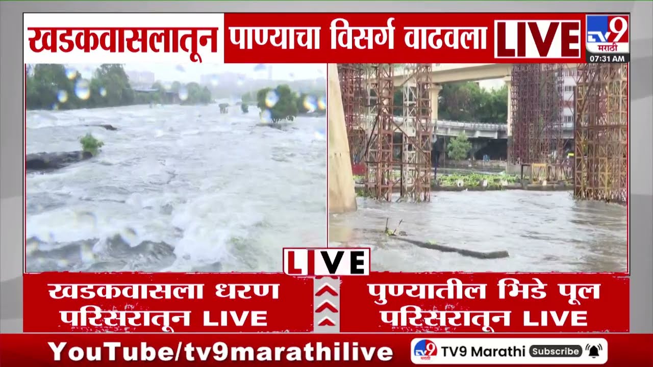 Pune Khadakwasla Dam | खडकवासला धरणातून विसर्ग वाढवला, भिडे पुलाच्या कठड्याला पाणी