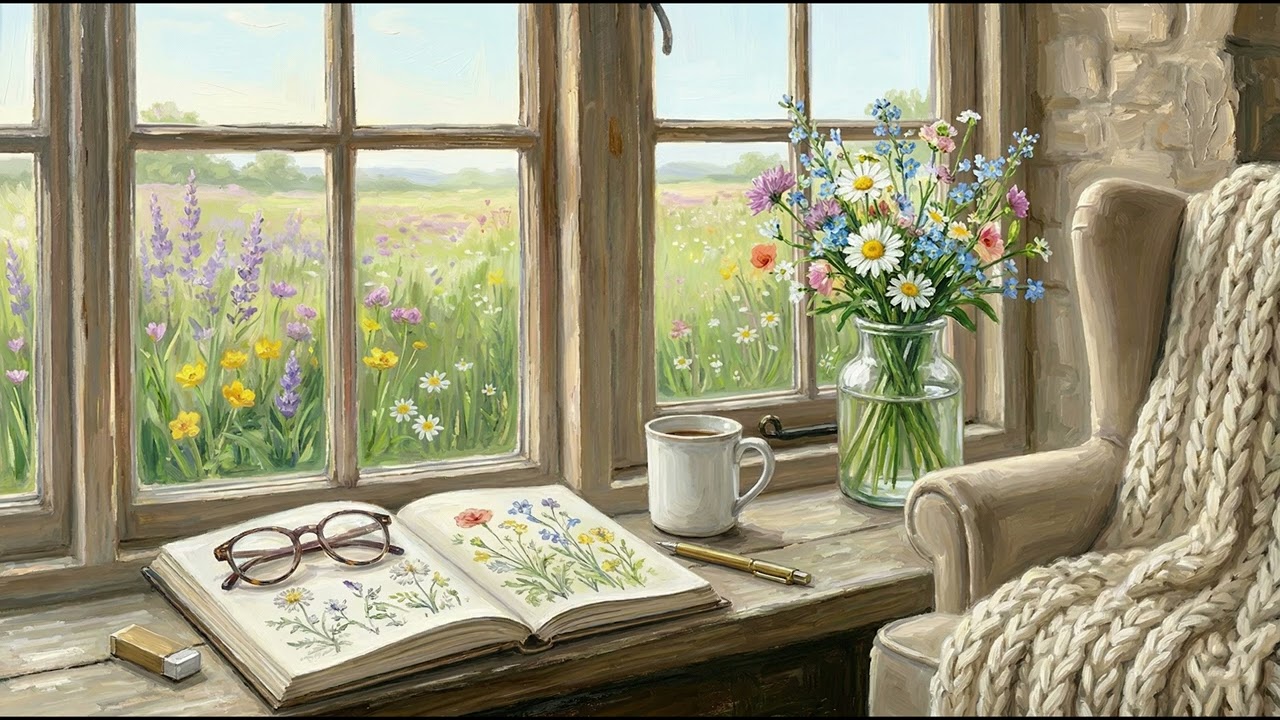 Cozy Spring Meadow Window Oil Painting | 1 Hour 4K Ambient Visual Loop No Music OLED Safe