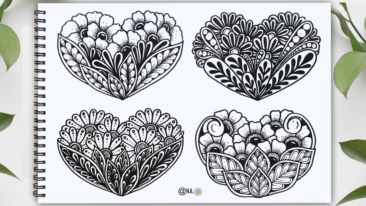 4 Different Zentangle Heart Flower Ideas Easy For Beginners