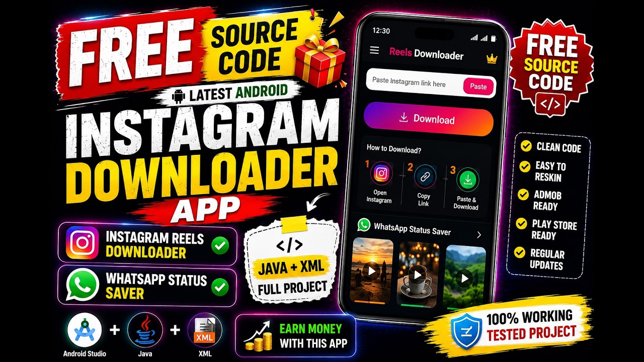🔥 FREE Source Code: Instagram Downloader + WhatsApp Status Saver | Android Studio 2026