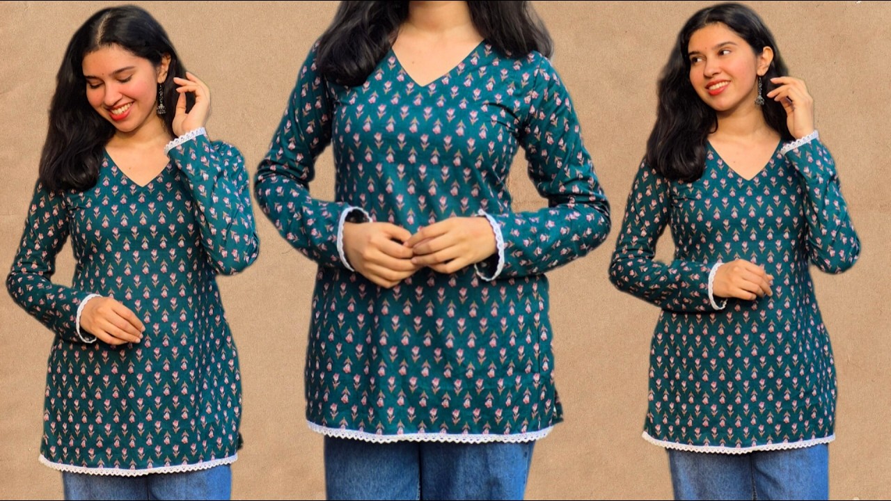 How to Stitch a Short Kurti? Full sleeves Short Kurti Cutting and stitching video in Malayalam