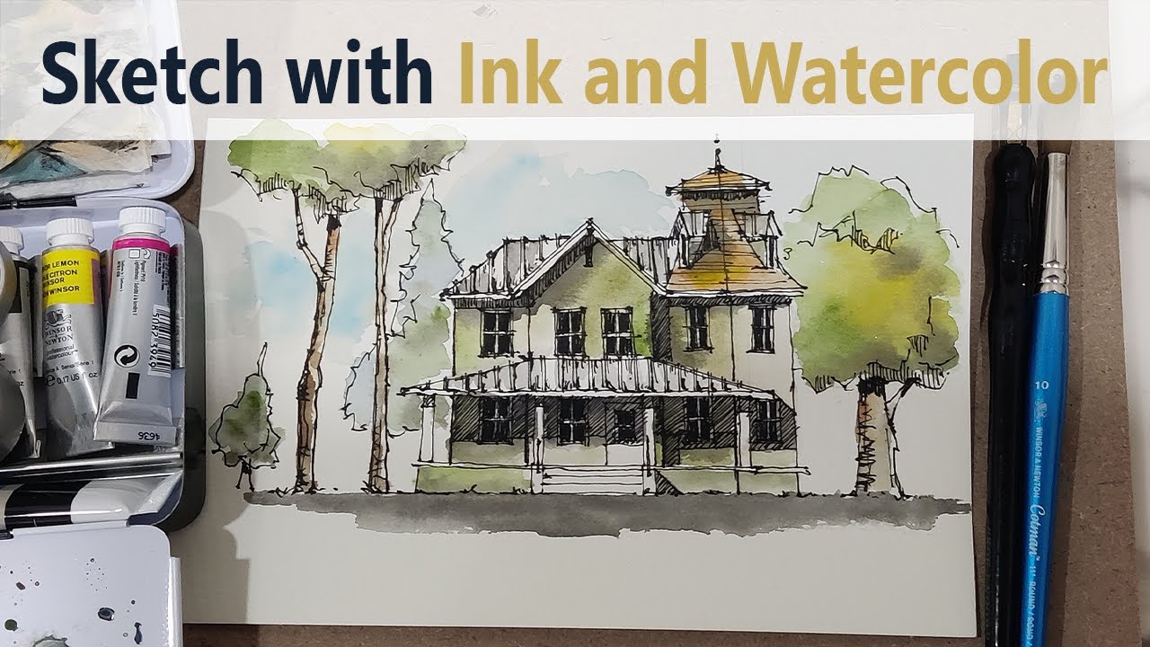 Home sketch with ink and watercolor