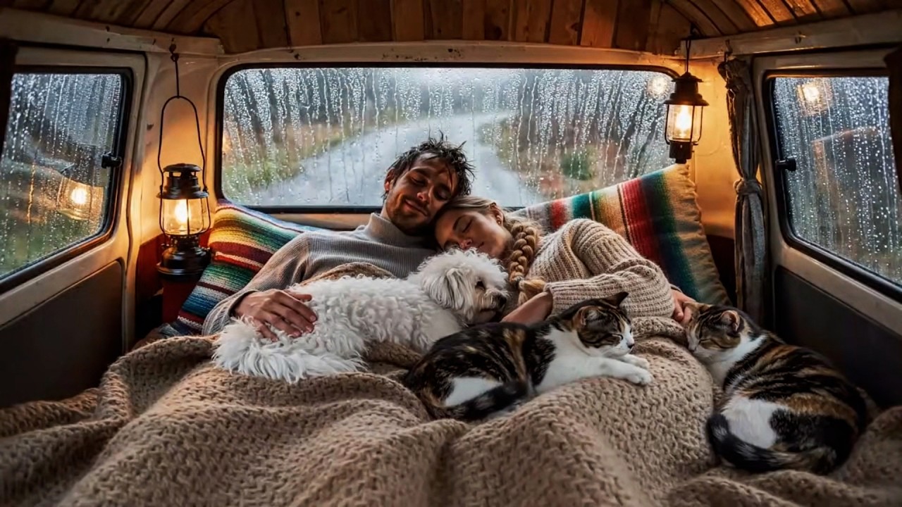 Extreme Rain on Van Roof: Sleeping with our Dog & 2 Cats in the Deep Forest (ASMR)