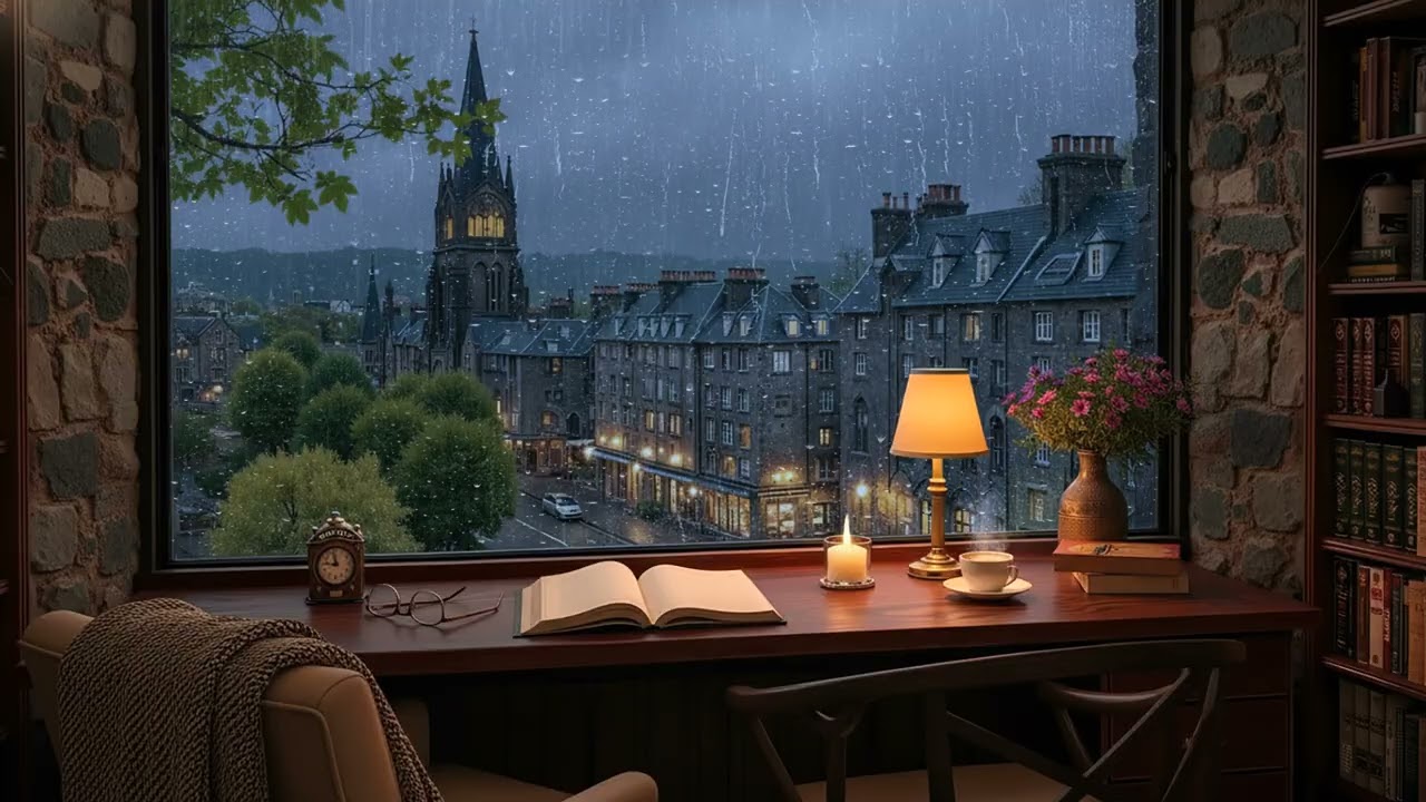 Cozy London Night View 🌧️ Soft Piano and Reading Room Ambience for Calm Evenings