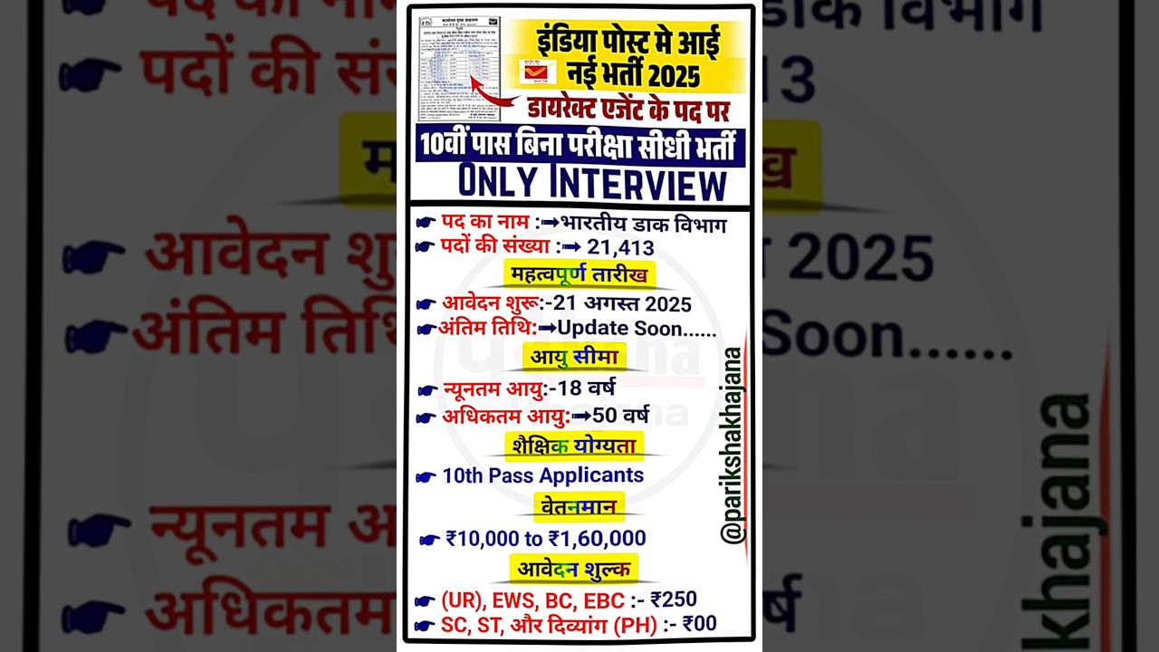 India Post Direct Agent Recruitment 2025: इंडिया पोस्ट ने 10वीं पास हेतु निकाली बिना परीक्षा