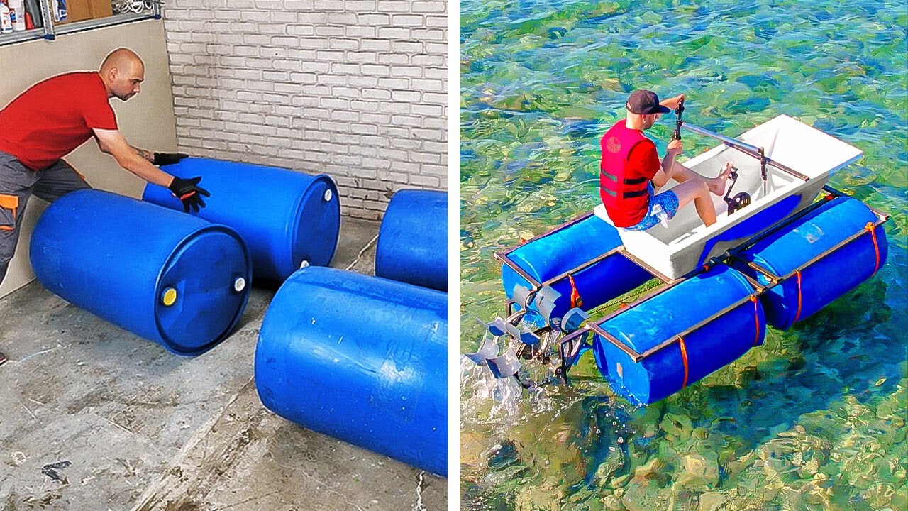 Catamarã feito por você mesmo com uma banheira e barris