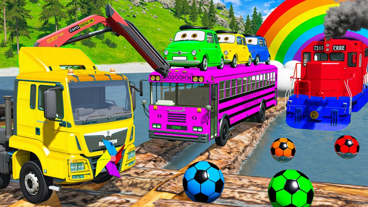 Funny Cars vs Monster Truck Rescue Flatbed Trailer – Slide Color vs Deep Water | BeamNG Drive