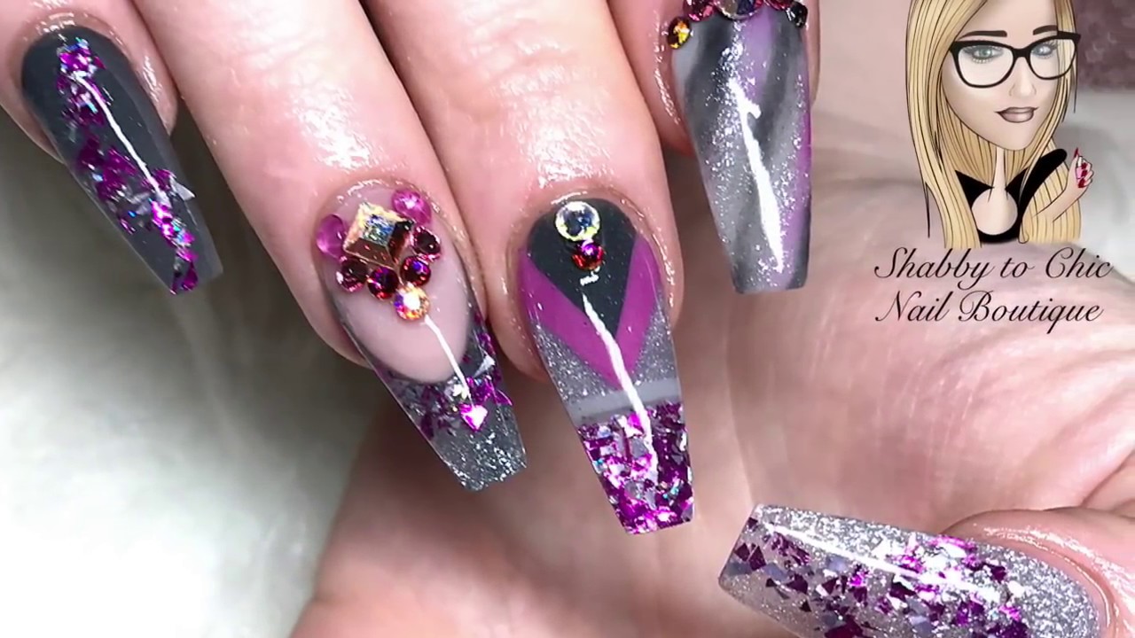 Colour block ~ acrylic nails ~ grey and pink ~ marble ~ glam and glits