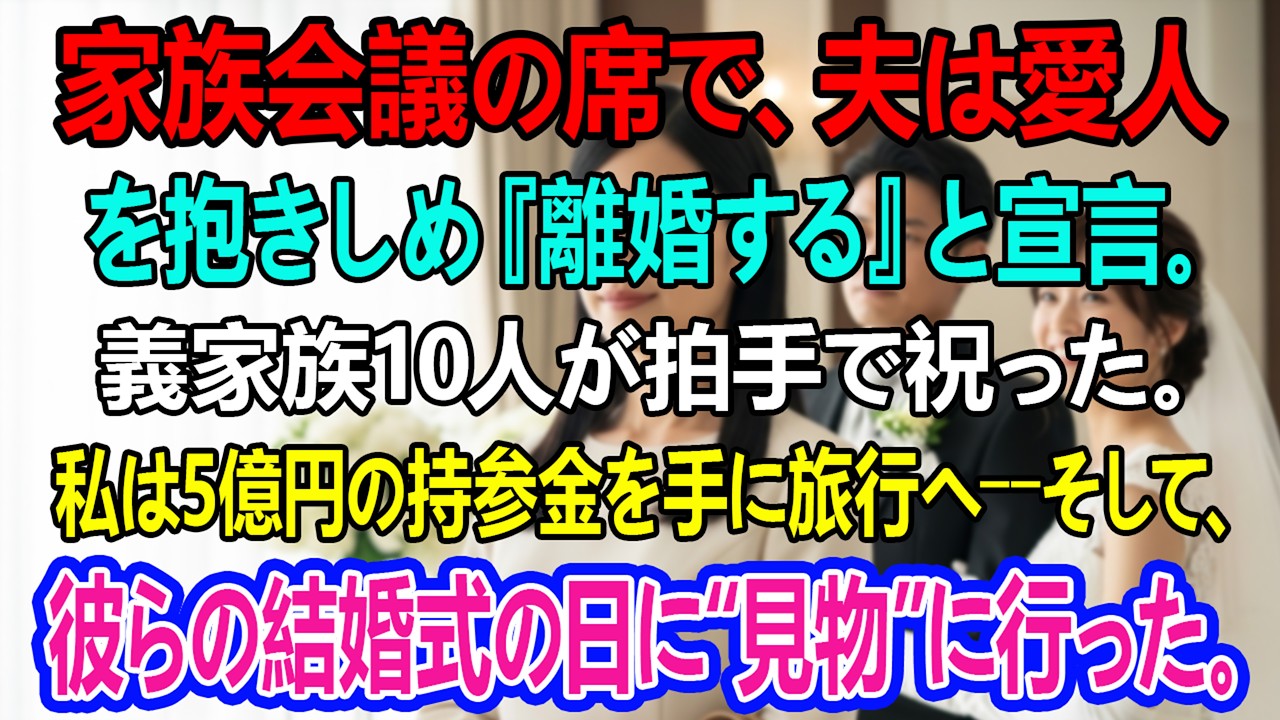 家族会議の席で、夫は愛人を抱きしめ『離婚する』と宣言。義家族10人が拍手で祝った。私は5億円の持参金を手に旅行へ――そして、彼らの結婚式の日に“見物”に行った。
