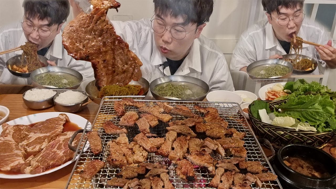 숯불돼지갈비 스페인산 1만3천원에 무한리필로 묵고 삼겹살 냉면도 묵자