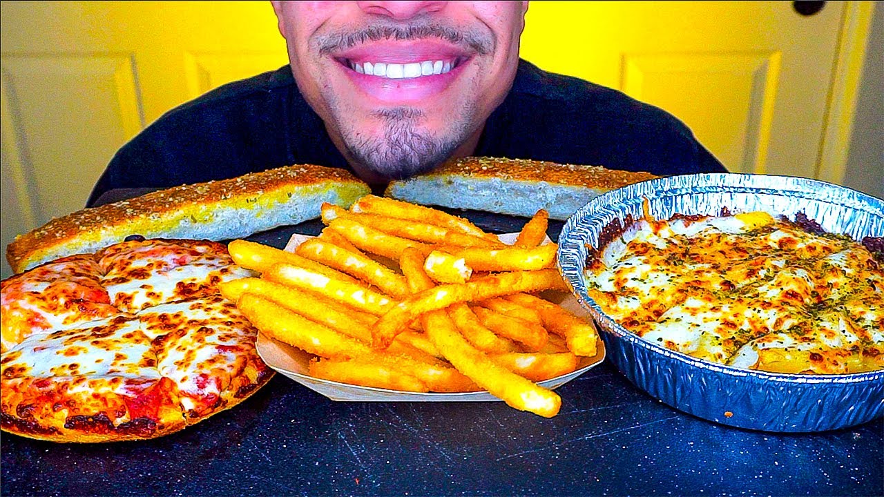 ASMR PIZZA HUT MY HUT BOX FRIES CHEESY ALFREDO PASTA EATING NO TALKING MUKBANG MOUTH SOUNDS