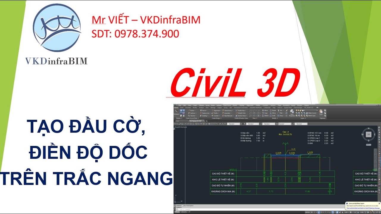 CIVIL 3D - TẠO ĐẦU CỜ TRẮC NGANG, HIỂN THỊ ĐỘ DỐC & ĐƯỜNG DÓNG TRÊN TRẮC NGANG