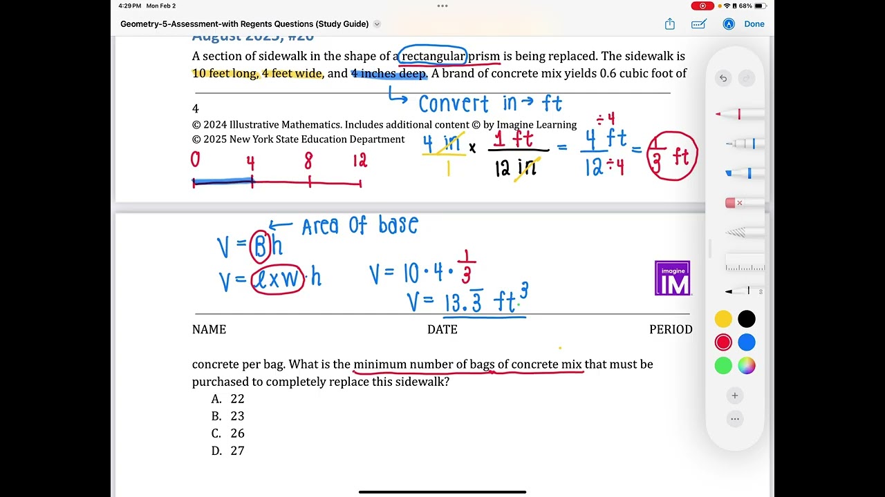 Question #8 August 2025 Regents Q20 Converting Units and Finding Volume and # of Items Needed