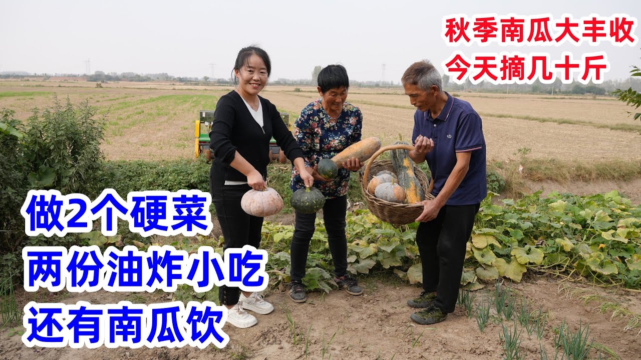秋季南瓜大丰收，公婆摘几十斤回家，儿媳做2道硬菜，两份油炸小吃，还有 南瓜饮 | 5 ways to eat pumpkin, 2 dishes, 2 snacks, drinks