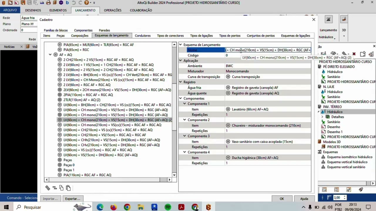 PROJETO HIDRÁULICO NO QIBUILDER, LANÇAMENTO E CONFIGURAÇÃO DAS REDES DE ÁGUA QUENTE E ÁGUA FRIA.