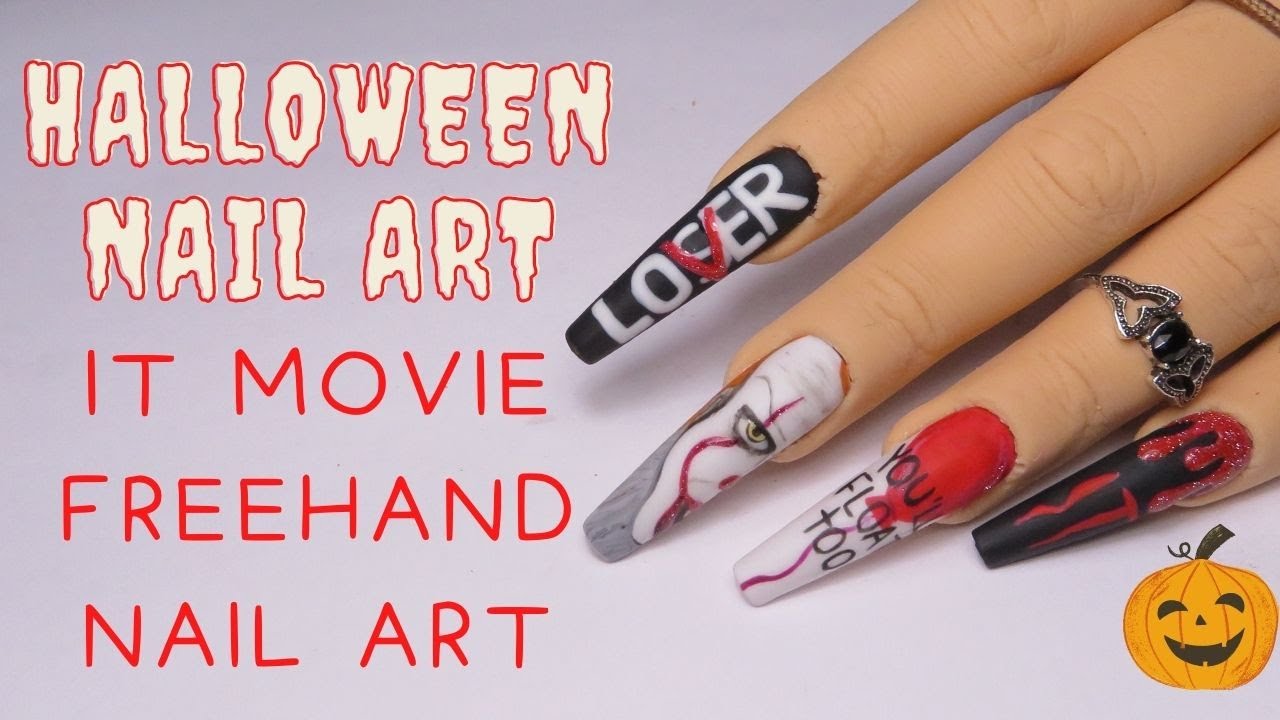 HALLOWEEN NAIL ART | IT Movie Pennywise Freehand Nail Art