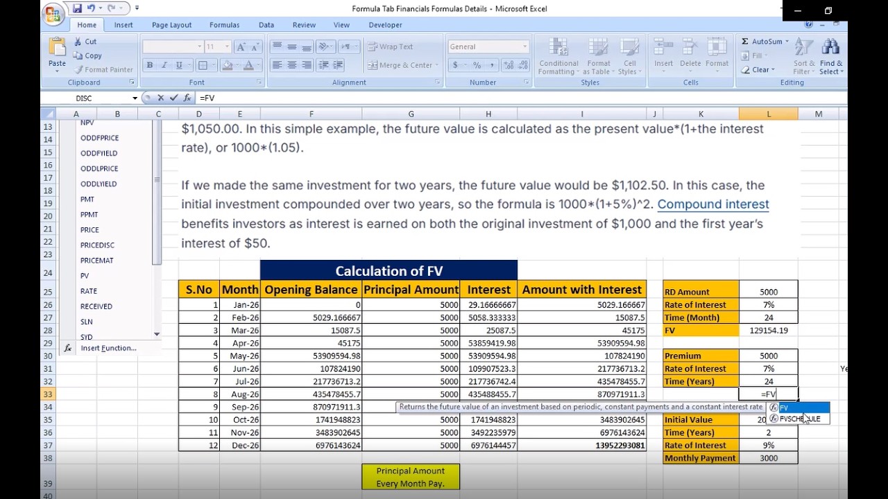 Class # 96 MS Excel 2007 Formula Tab_Financial_Future Value_RD Amount_Rate of Interest_Time (Years)