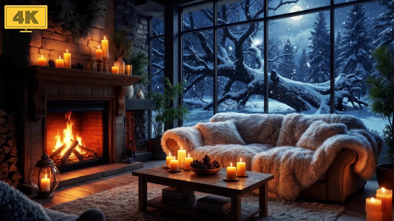 Cozy Forest Hut ❄️ Violin Music & Fireplace with Crackling Fire Sounds for Study & Relaxing