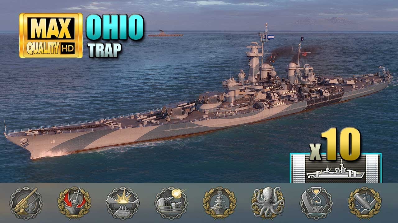 Battleship Ohio: 8 achievements earned on map Trap - World of Warships