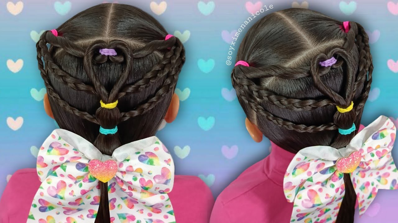 Peinado con diseño de Corazón 😍🌈💖 Peinado Fácil, Rápido & Bonito