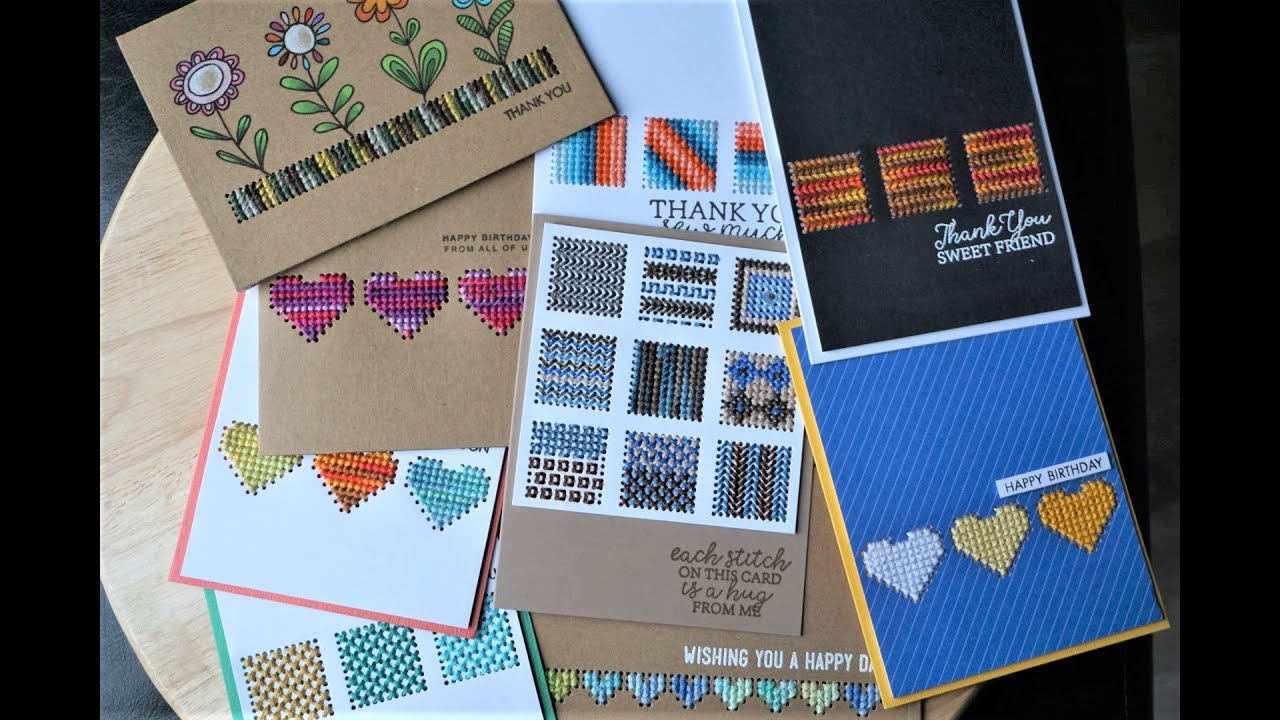 Cross Stitch on cards with Border Stitchable Dies from Waffle Flower - 26 cards!