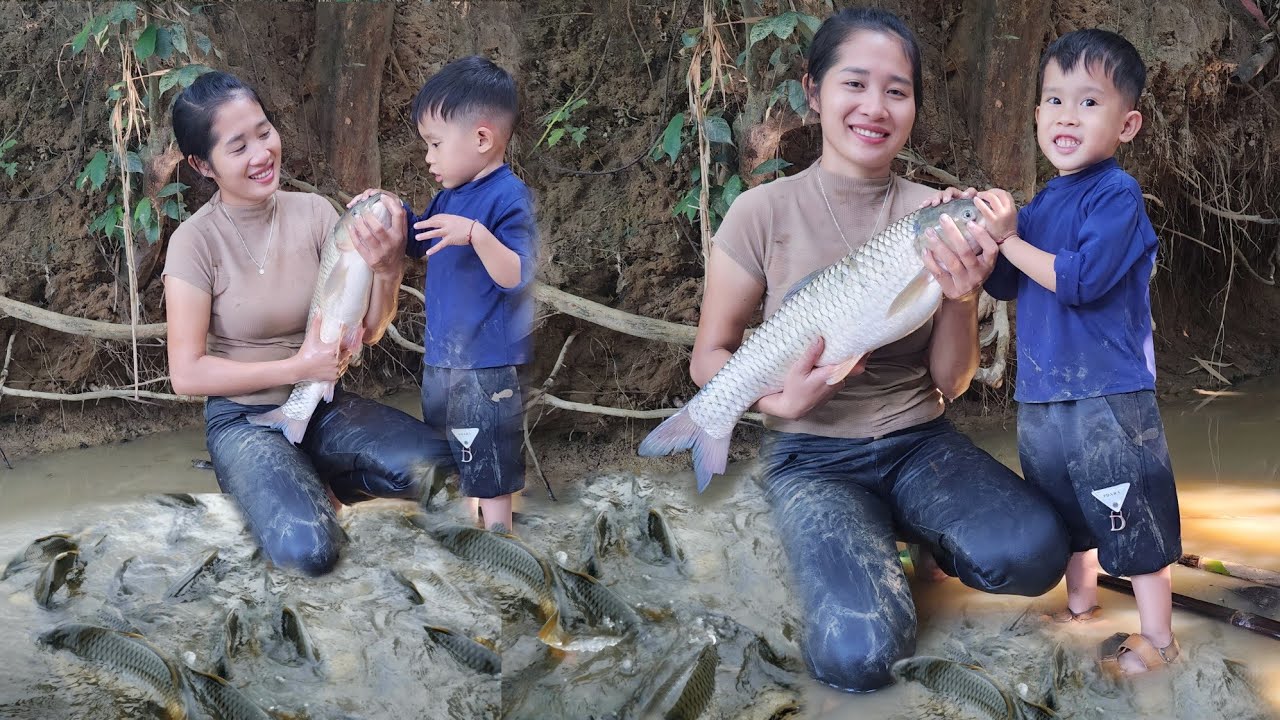 single mother harvesting fish in the stream, taking care of her children - single mother life