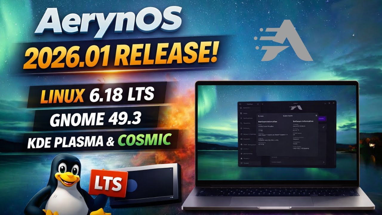 Выпущена AerynOS 2026.01 | Linux 6.18 LTS, GNOME 49.3, KDE Plasma 6.5.5 и COSMIC