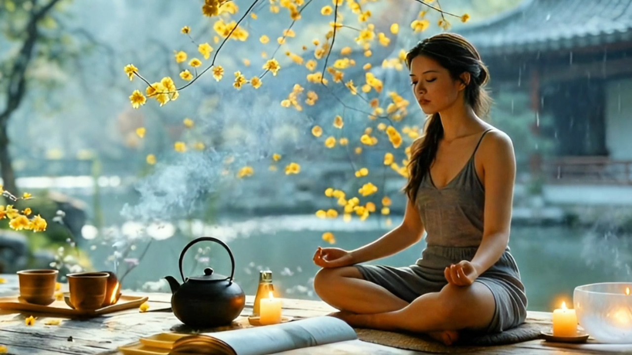 Crystal Bowl Meditation in an Eastern Garden | Gentle Rain Sounds for Relaxation, Sleep & Focus