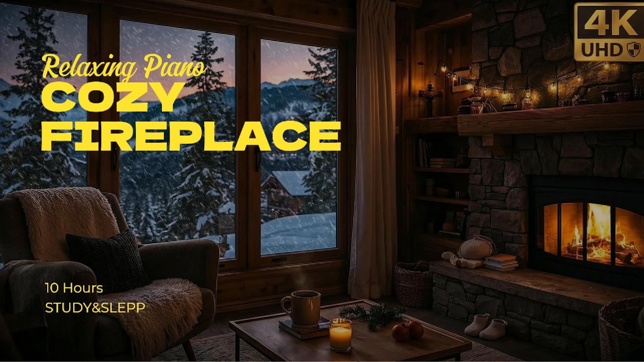 4K Cozy Fireplace with Relaxing Piano Music & Blizzard Sounds - 10 Hours Winter Cabin Ambience