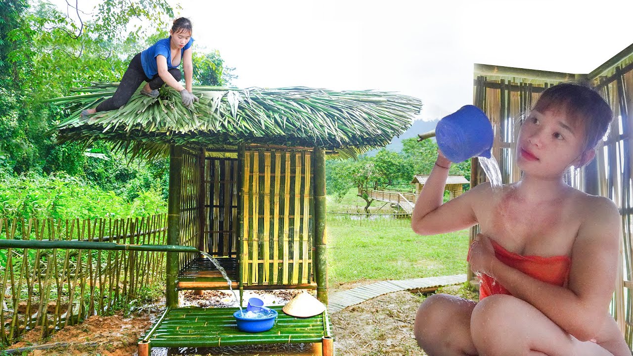 Building A Bathroom - Bamboo Pipe Water Supply... / Alone Build 2-Story House Leave The Noisy City