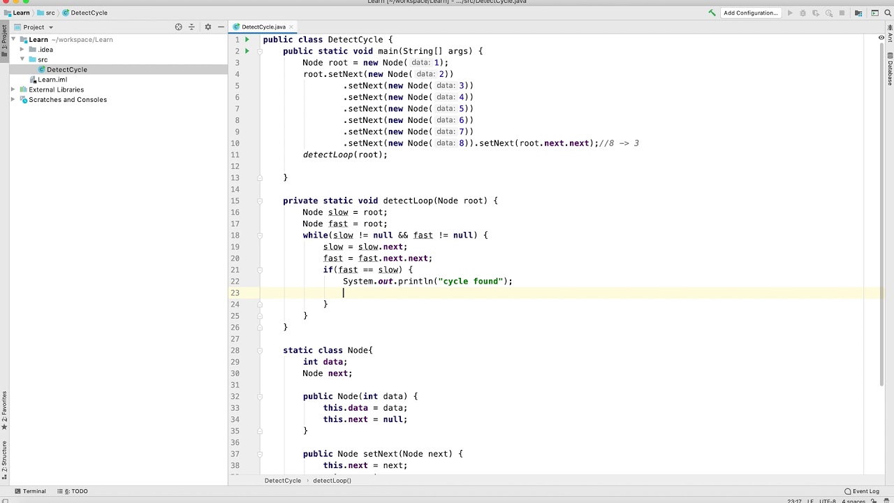Detect Cycle in LinkList with Floyd cycle detection algorithm