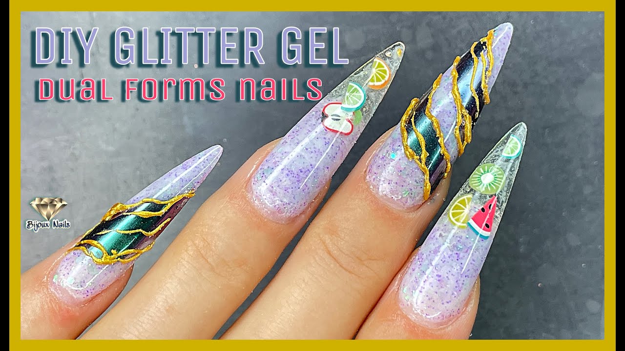 DIY Dual Forms Stiletto Nails with Glitter Gel / Summer Nails Design 2022 / ASMR Nails