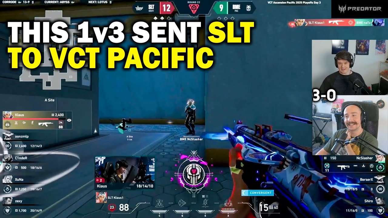 Реакция Sliggy и Sideshow на безумный матч 1 на 3 между SLT Klaus и BOOM Esports за выход на VCT ...