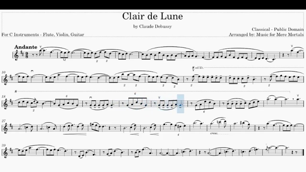 Clair de Lune by Debussy - Classical  – Play Along for Violin, Flute or Guitar