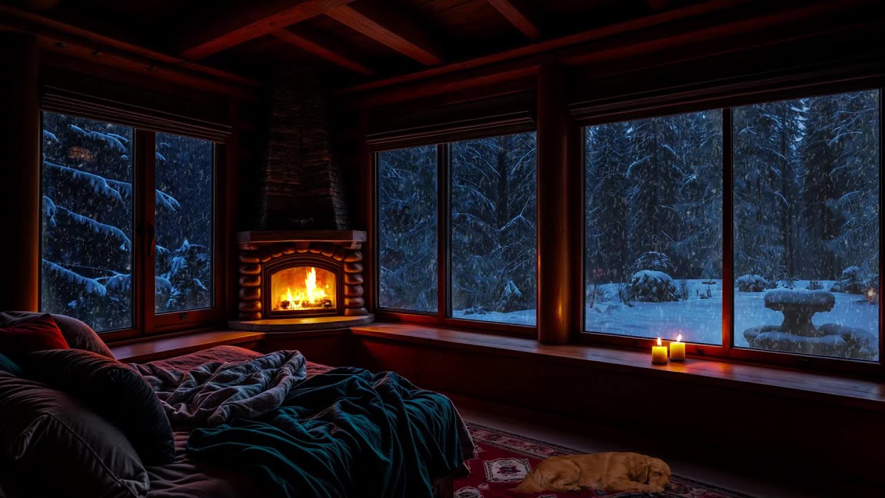 Relaxing Winter Cabin Ambience ❄️ Crackling Fire & Snow Sounds for Sleep | Winter Ambience