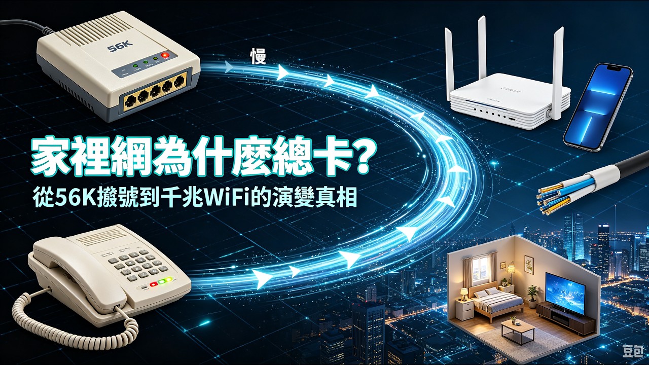 家裡網為什麼總卡？從 56K 撥號到千兆 WiFi 的演變真相 #網路科普 #WiFi #千兆網路 #56K 撥號 #寬頻 #網路卡頓 #互聯網發展 #網路演變 #家用網路 #科普 #路由器