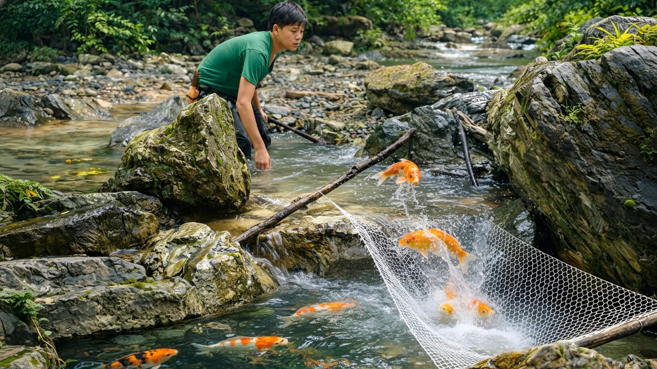 Weaving rope nets to catch stream fish - Making smoked fish, outdoor cooking, primitive survival