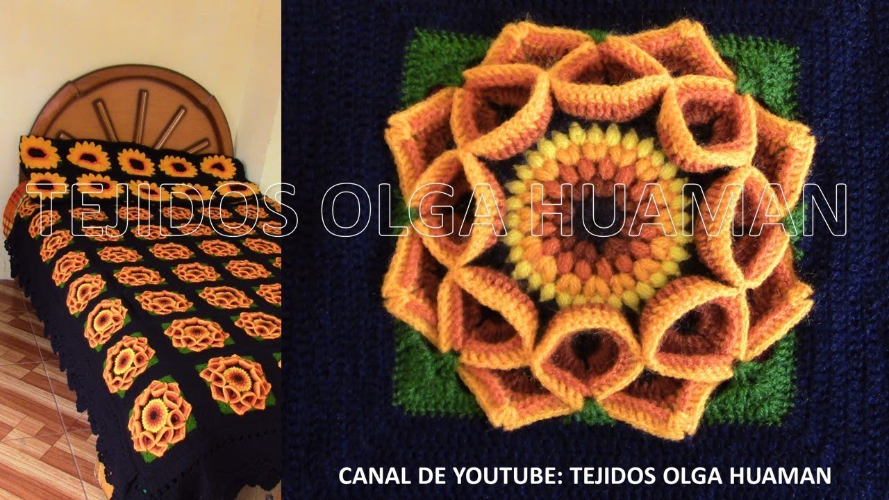 Cuadrado a muestra de flor a crochet para colchas en punto garbanzos y puntos altos