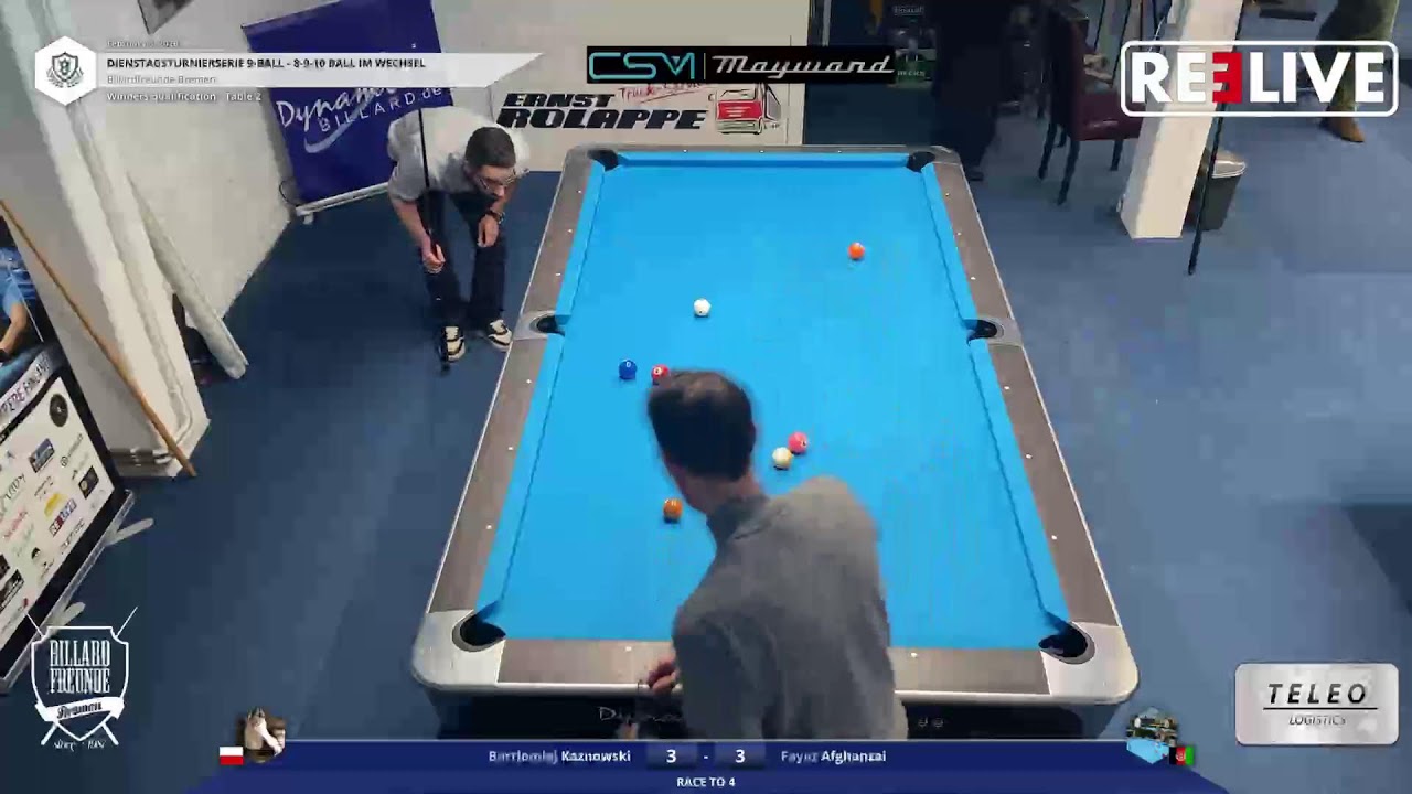 Bartlomiej Kaznowski vs Fayaz Afghanzai Tisch[2] Dienstagturnier Billardfreuden Bremen 9-Ball 3.2.26