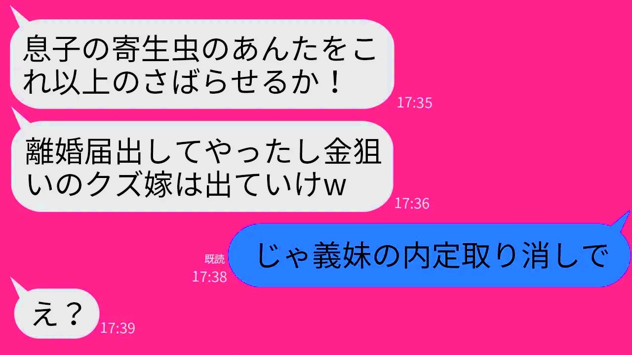 【LINE】私が義弟の内定先の社長だと知らずに勝手に離婚届を提出した姑「息子の金目当てのブスは出てけ！」→お望み通りに私が出ていくとクズ姑から200件の