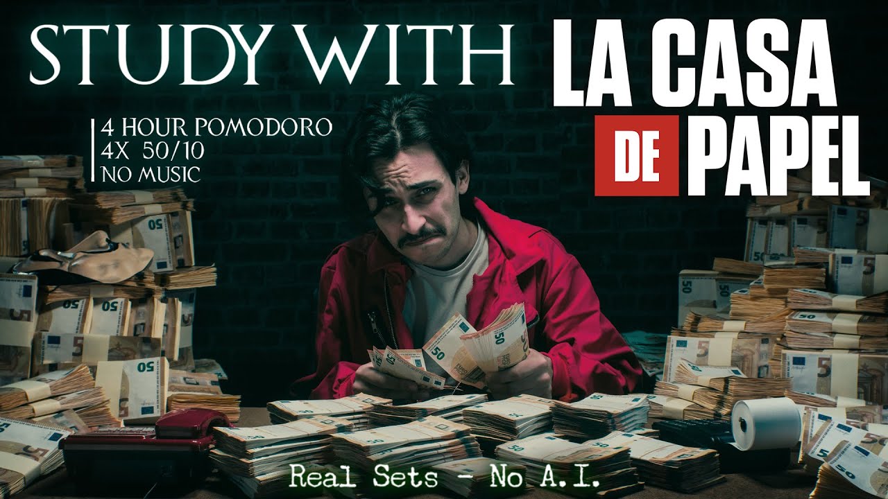 4H📚STUDY WITH ME 💵 Counting Banknotes from Money Heist🎧Pomodoro 50/10 (x4)🔇No Music