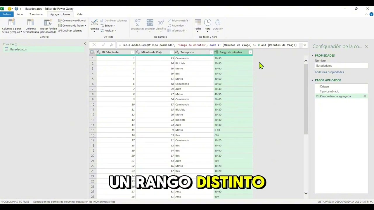 Crear histograma personalizado en power query. Ejemplo tiempos de desplazamiento 