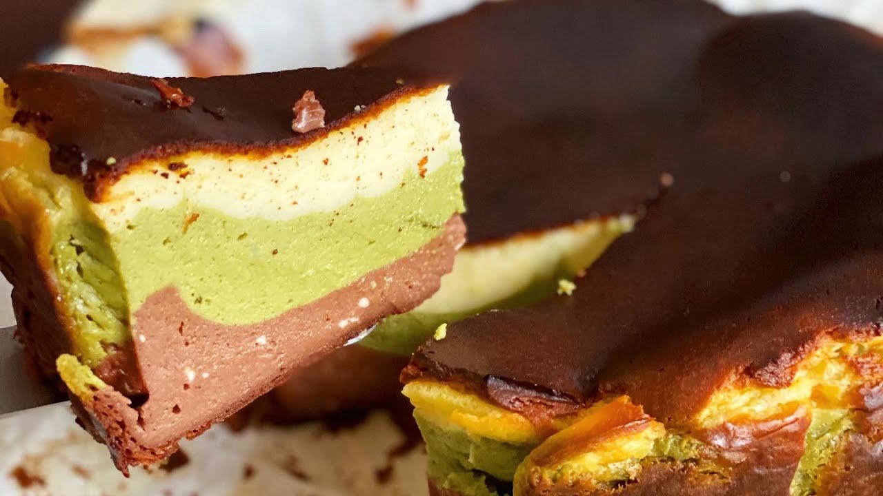 Triple Layer Basque Burnt Cheesecake Recipe | Matcha Green Tea, Dark Chocolate, Oozy Cream cheese!